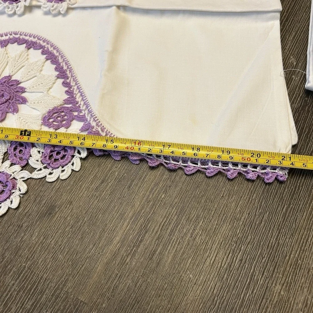 Vtg Stevens Mohawk Cotton Linens 4pc Hand Crochet Purple Floral Pillowcase Shams